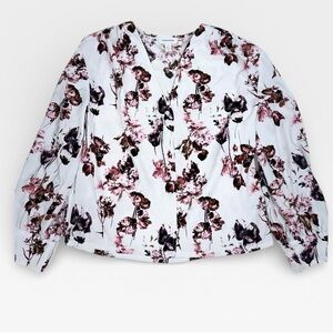 Nordstrom Blouse Womens XS White Pink Floral V-Neck Button Front Long Sleeves